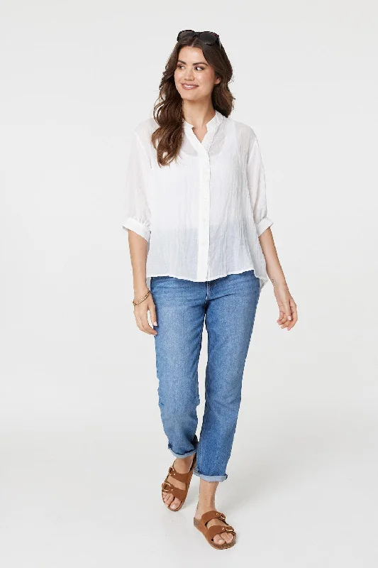 Collarless Button Back 3/4 Sleeve Blouse Stylish Wrap Blouse
