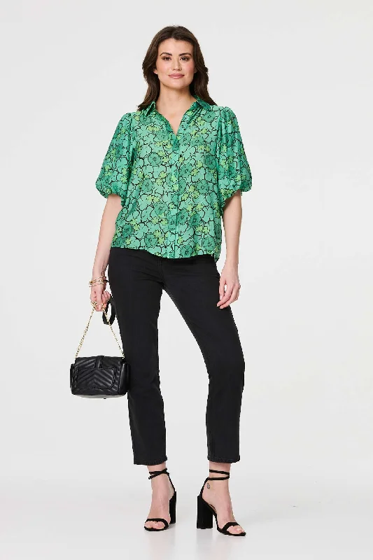 Leaf Print 1/2 Puff Sleeve Blouse Embroidered Cotton Blouse