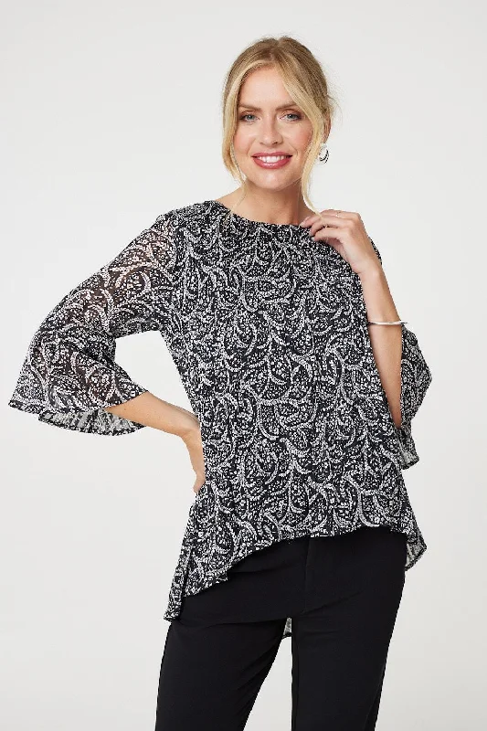 Leaf Print 3/4 Sleeve High Low Blouse Feminine Ruffle Blouse