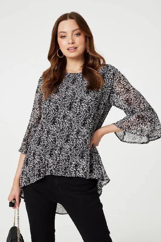 Ditsy Floral Flare Sleeve Curve Hem Blouse Asymmetric Hem Blouse