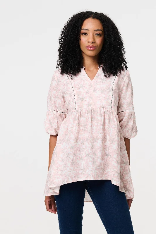 Floral Curve Hem 3/4 Puff Sleeve Blouse Smart Business Blouse