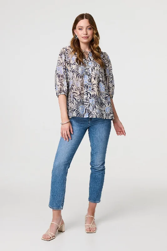 Floral 3/4 Puff Sleeve Relaxed Blouse Delicate Pleat Blouse