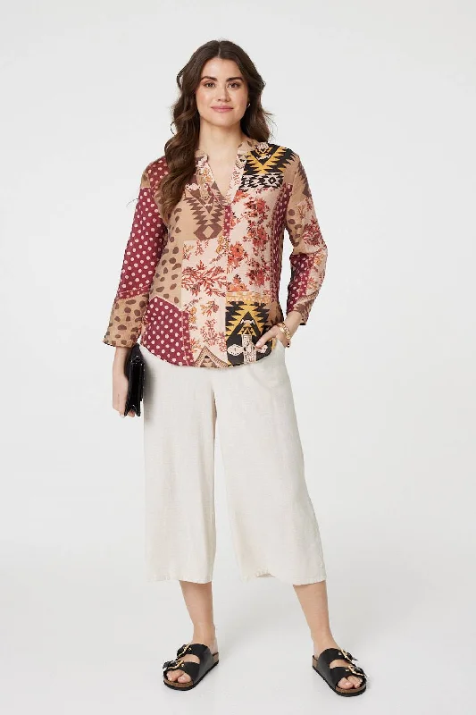 Patchwork Print Curve Hem Blouse Textured Cotton Blouse