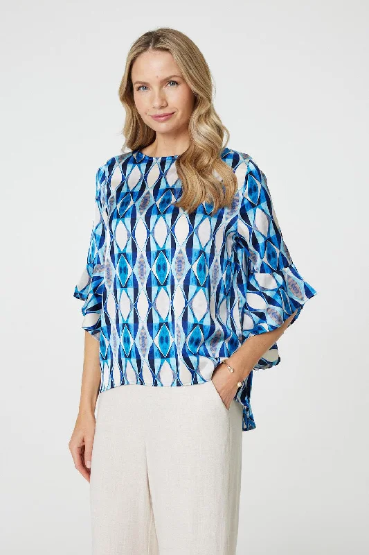 Geo Print 3/4 Flute Sleeve Curve Hem Blouse Soft Satin Blouse