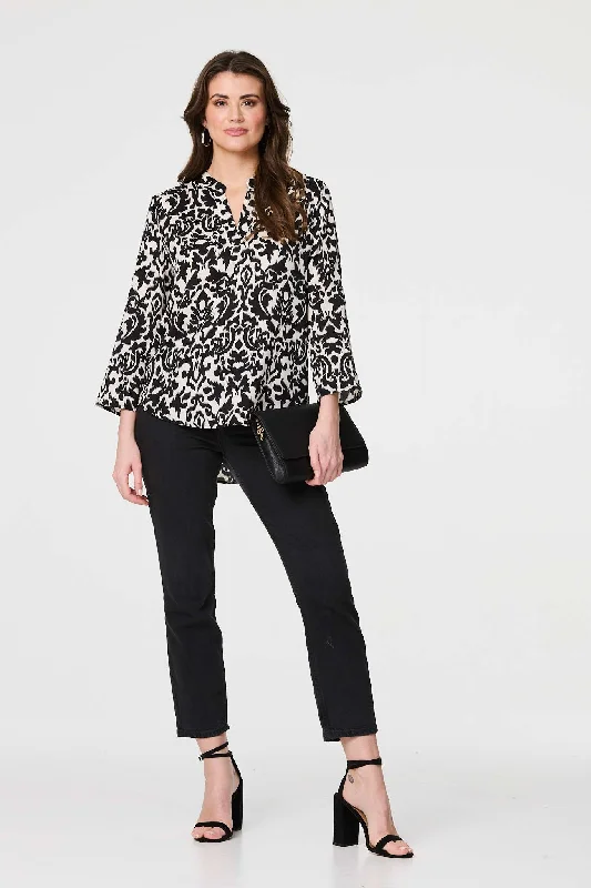 Printed 3/4 Sleeve Curve Hem Blouse Lightweight Linen Blouse