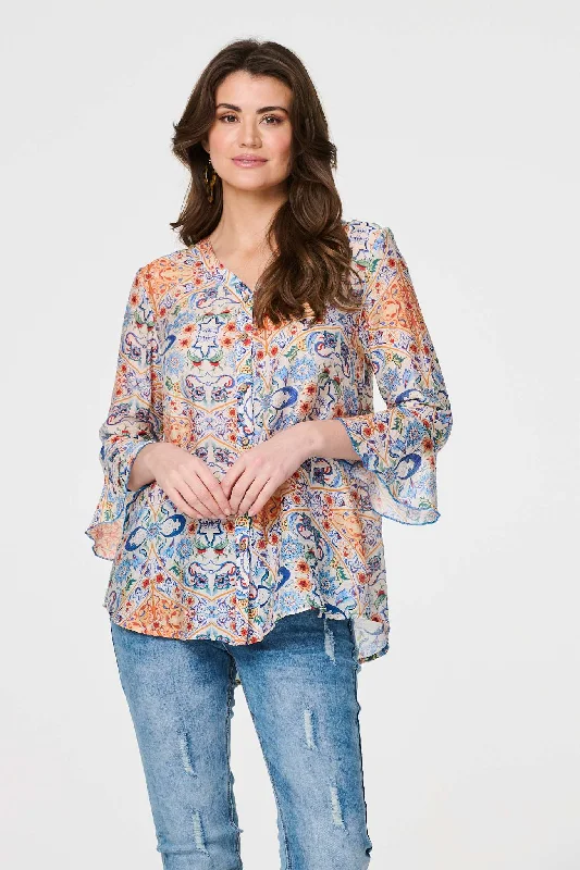 Printed 3/4 Flute Sleeve Blouse Satin Bow Blouse