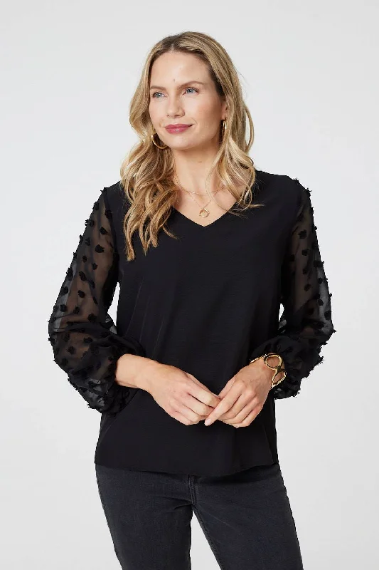Polka Dot Semi Sheer V-Neck Blouse Delicate Bow Blouse