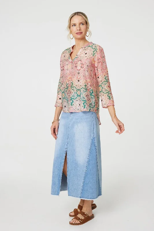 Printed 3/4 Sleeve V-Neck Relaxed Blouse Elegant Office Blouse