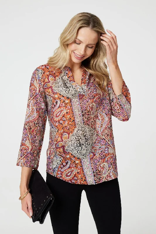Paisley 3/4 Sleeve V-Neck Blouse Chic Ruffle Blouse