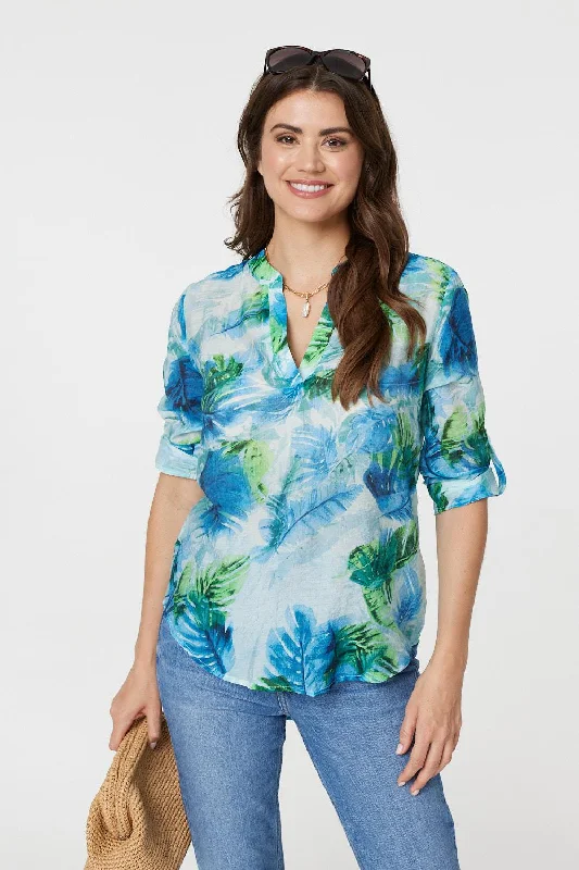 Tropical Print V-Neck 3/4 Sleeve Blouse Relaxed Fit Blouse