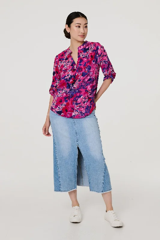Floral 3/4 Sleeve Collarless Blouse Stretchy Fitted Blouse