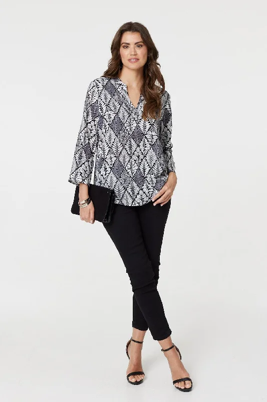 Leaf Print 3/4 Sleeve Curve Hem Blouse Chic Off-Shoulder Blouse