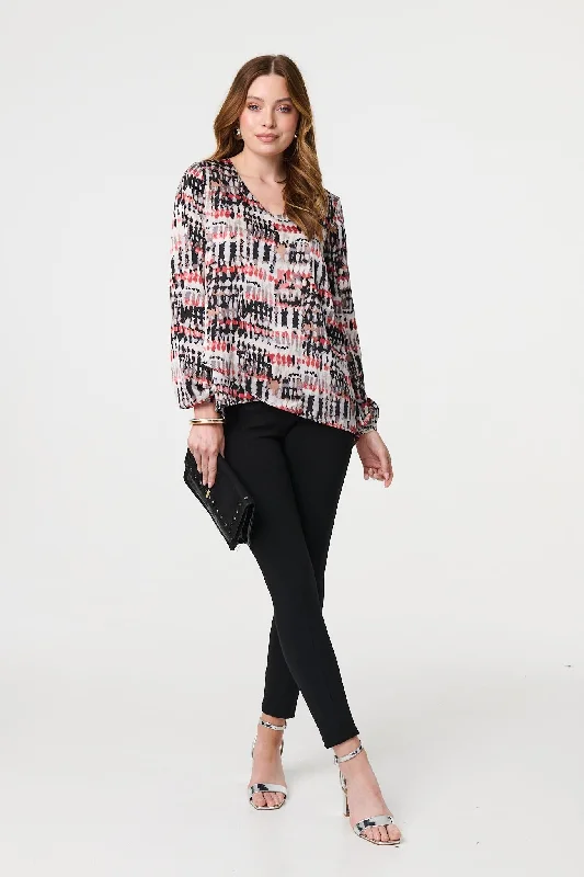 Printed Long Sleeve V-Neck Tunic Blouse Elegant Silk Blouse