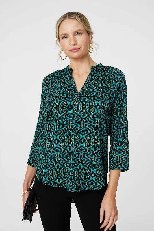 Aztec Print 3/4 Sleeve Curve Hem Blouse Cotton Casual Blouse