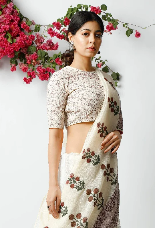The Floral Printed Off-White Kota Doria Blouse Chic Wrap Blouse