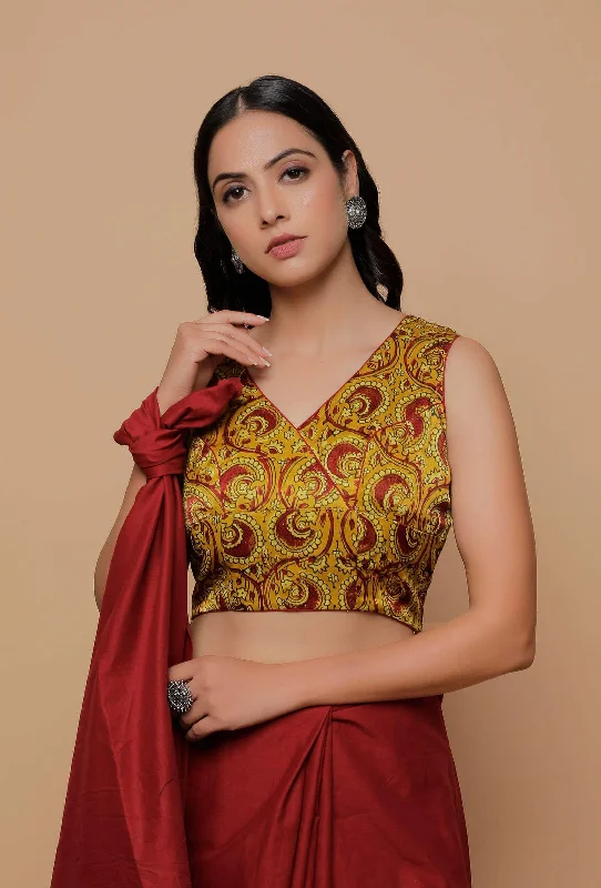 Yellow Printed Mashru Sleevless Blouse Classic Minimalist Blouse