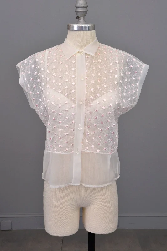 1950s Sheer White Nylon Blouse w Pink Embroidered Flower Dots Chic Ruffle Blouse