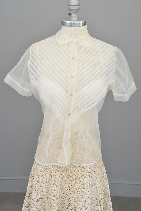 1950s White Sheer Nylon Pleated Blouse Airy Cotton Blouse
