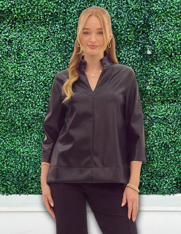 V-Neck Pleather Blouse Elegant Office Blouse