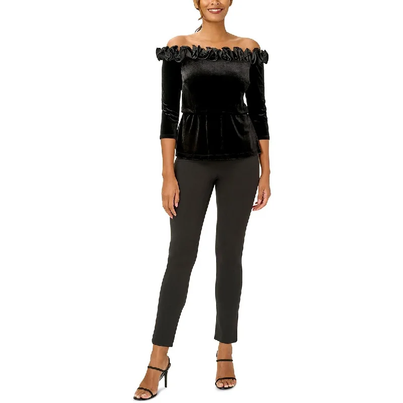 Adrianna Papell Womens Velvet Blouson Blouse Sheer Sleeve Blouse