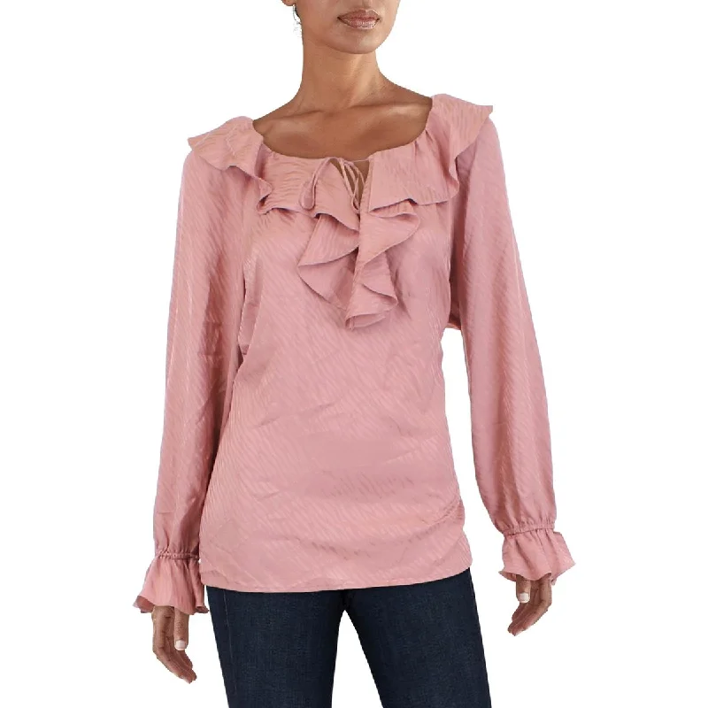 Anne Klein Womens Tonal Wave Ruffled Jacquard Blouse Casual Stripe Blouse