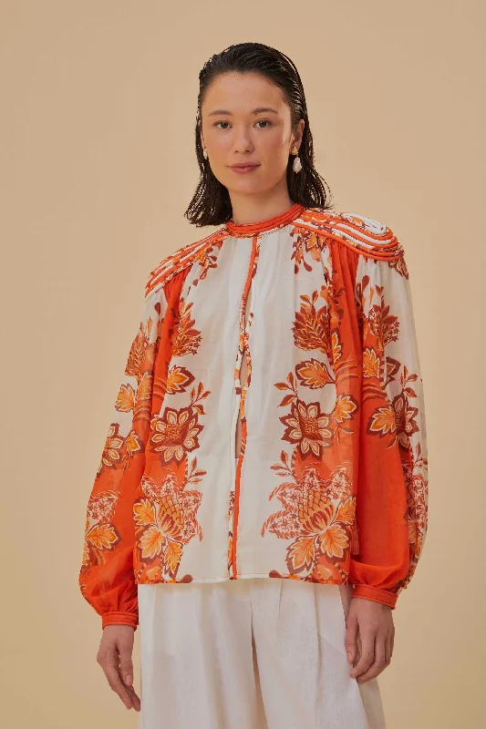 Orange Aura Piping Trim Organic Cotton Blouse Stretchy Fitted Blouse