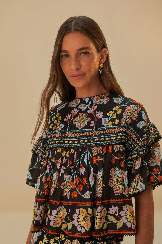 Black Flowery Ruffle Blouse Casual Relaxed Blouse