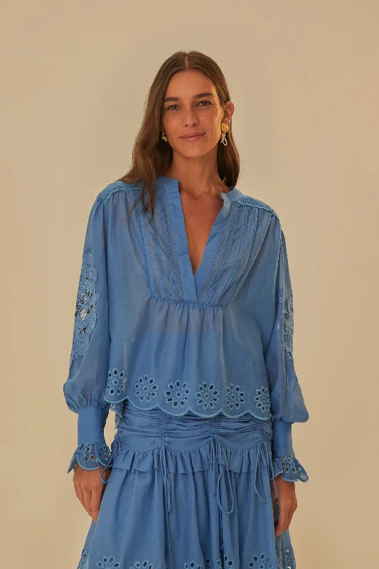 Blue Long Sleeve Organic Cotton Blouse Elegant Lace Blouse