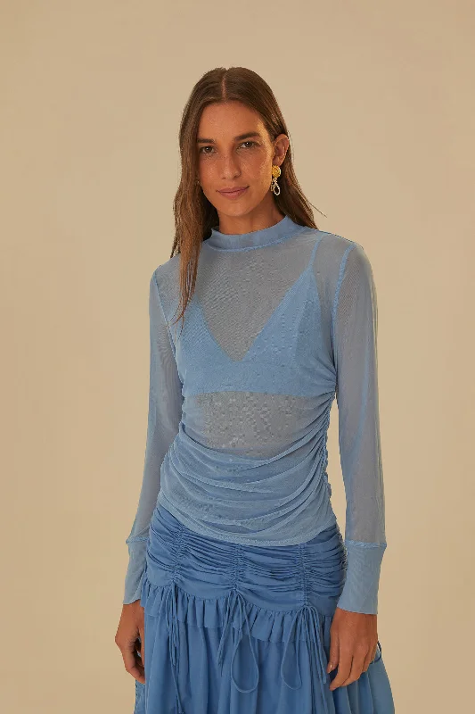 Blue Tulle Long Sleeved Blouse Semi-Sheer Blouse