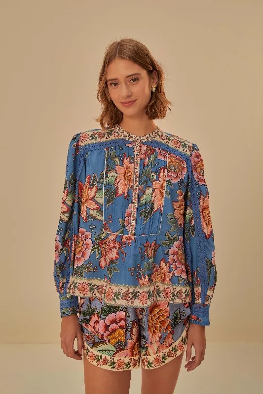 Blue Wonderful Bouquet Long Sleeve Blouse Delicate Pleat Blouse
