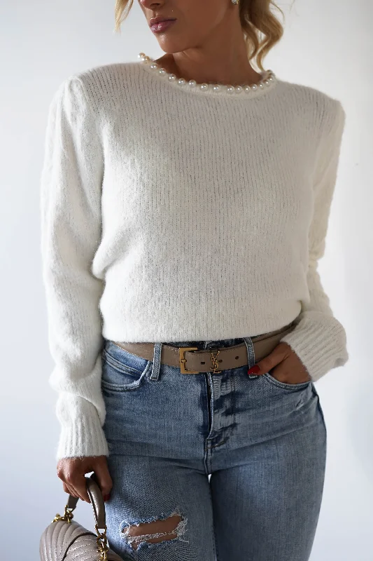 Caliste Pearl Detail Cosy Jumper | White Welt Pockets Slit Pockets Flap Pockets