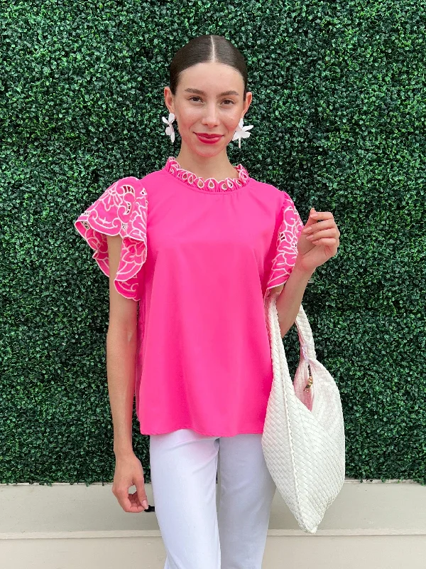 Hot Pink Flutter Blouse Vintage Polka Blouse