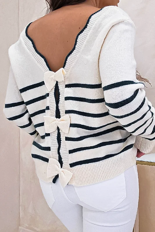 Daniella Bow Back Jumper | Green Stripe Long Sweater Short Sweater Cropped Sweater