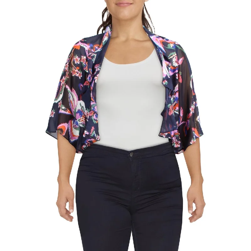 Donna Ricco Womens Chiffon Open Front Blouse Embroidered Cotton Blouse