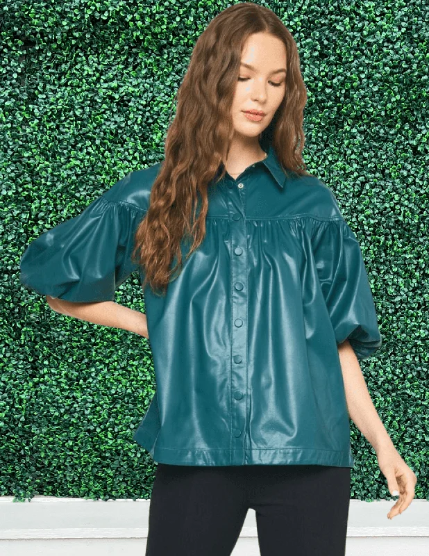 Drop Puff Pleather Blouse Short Sleeve Blouse