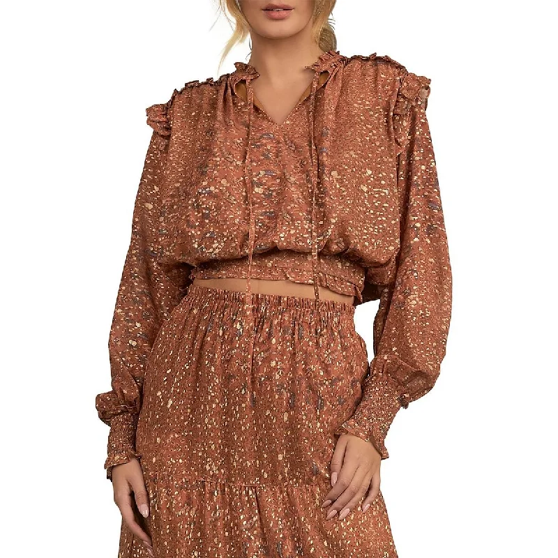 Elan Womens Metallic Ruffled Blouse Backless Summer Blouse