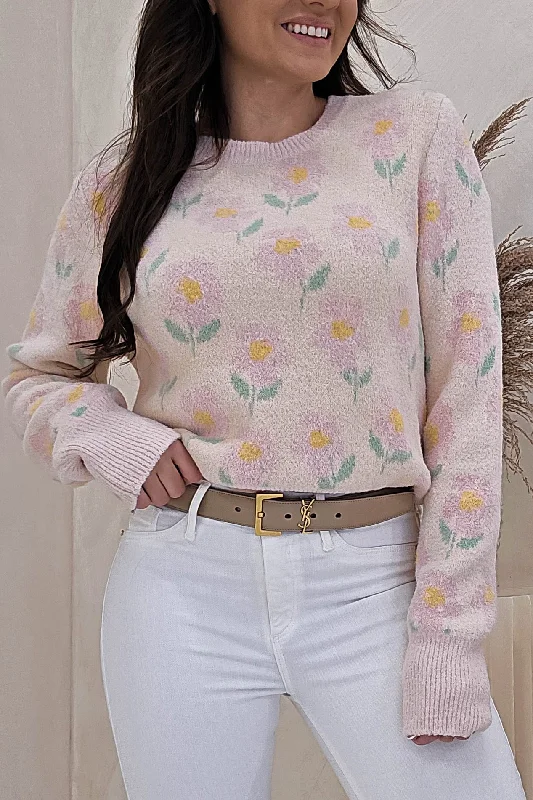 Emma Soft Floral Jumper | Light Pink Ribbed Striped Patterned