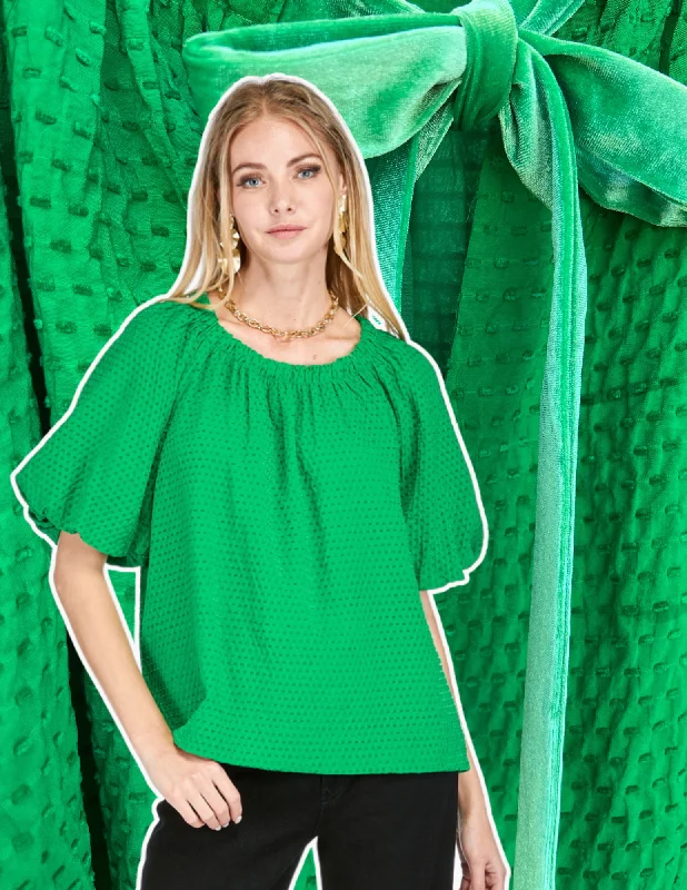 Green Velvet Bow Blouse Sheer Sleeve Blouse
