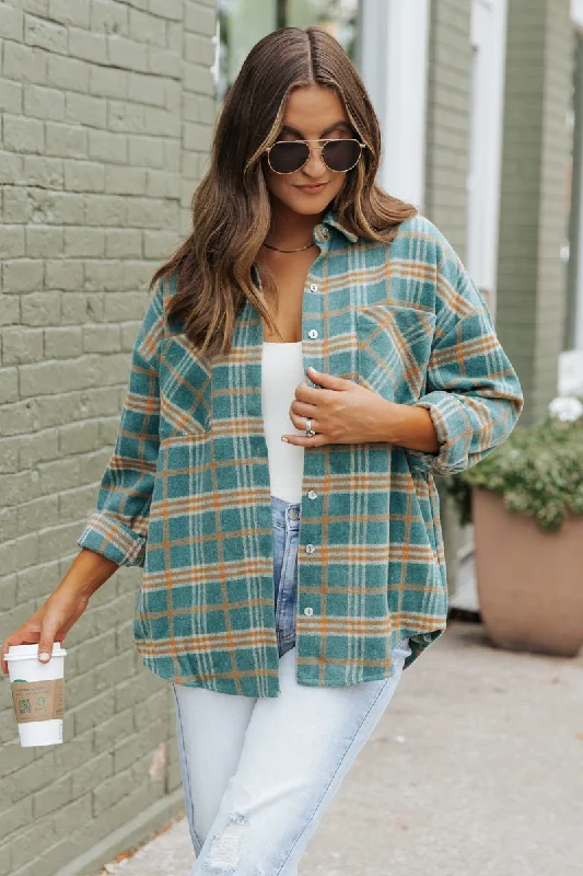 Green and Orange Plaid Shacket Sweetheart Neck Blouse