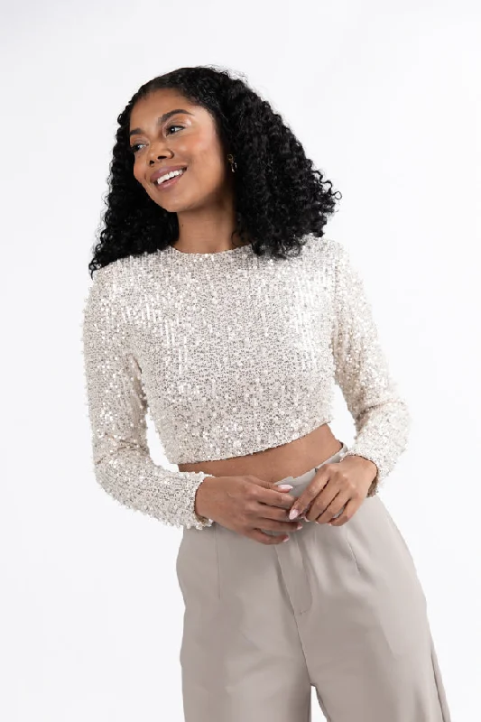 In Good Spirits Beige Pearl And Sequin Embellished Crop Blouse Frilled Cuff Blouse