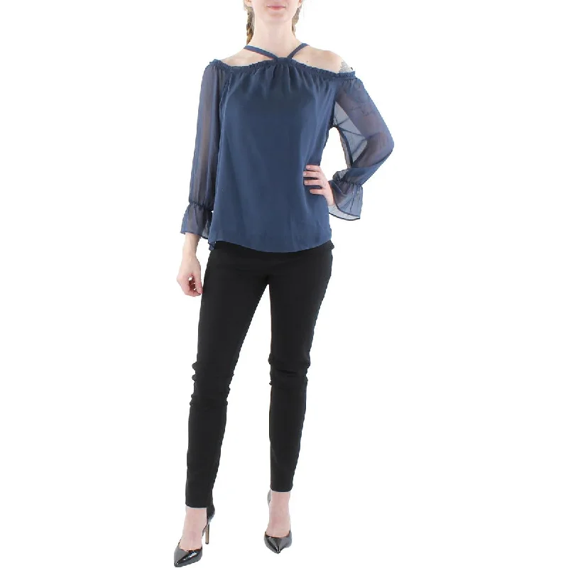 INC Womens Petites Chiffon Ruffled Trim Blouse Silky Tunic Blouse