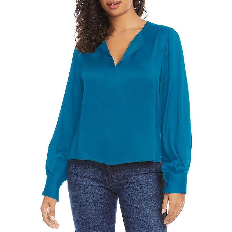 Karen Kane Womens Satin Split Neck Blouse Embroidered Cotton Blouse