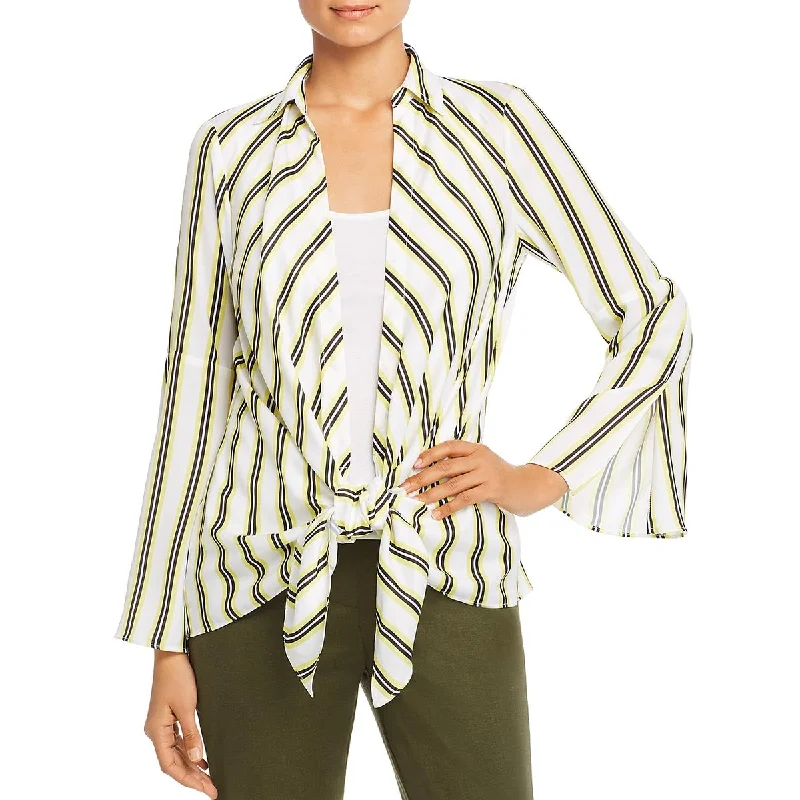 Kenneth Cole New York Womens Striped Tie Front Blouse Delicate Pleat Blouse