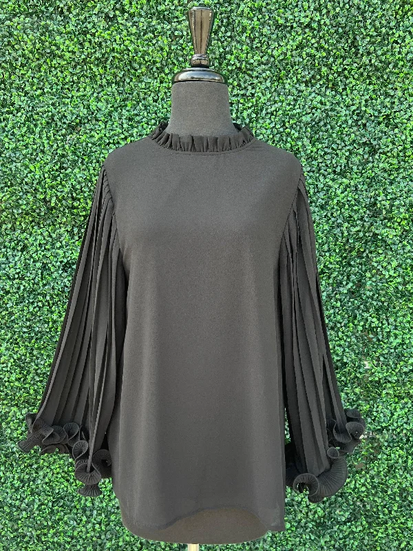 Ruffle Pleat Long Sleeve Blouse Double Button Blouse