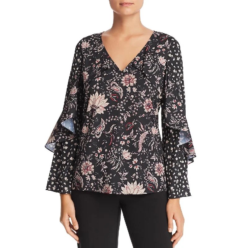 Le Gali Womens Lissa Bell Sleeves Floral Blouse Delicate Bow Blouse