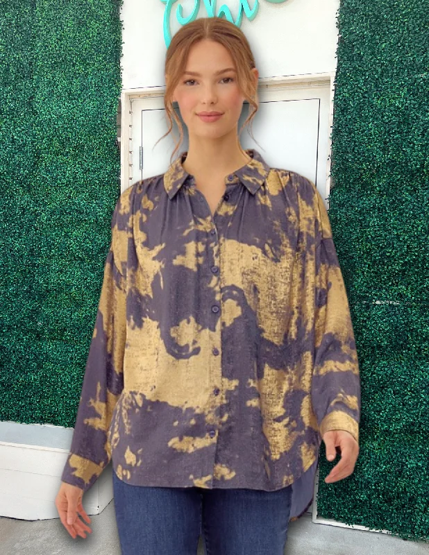 Denim and Gold Foil Blouse Chic Square Blouse
