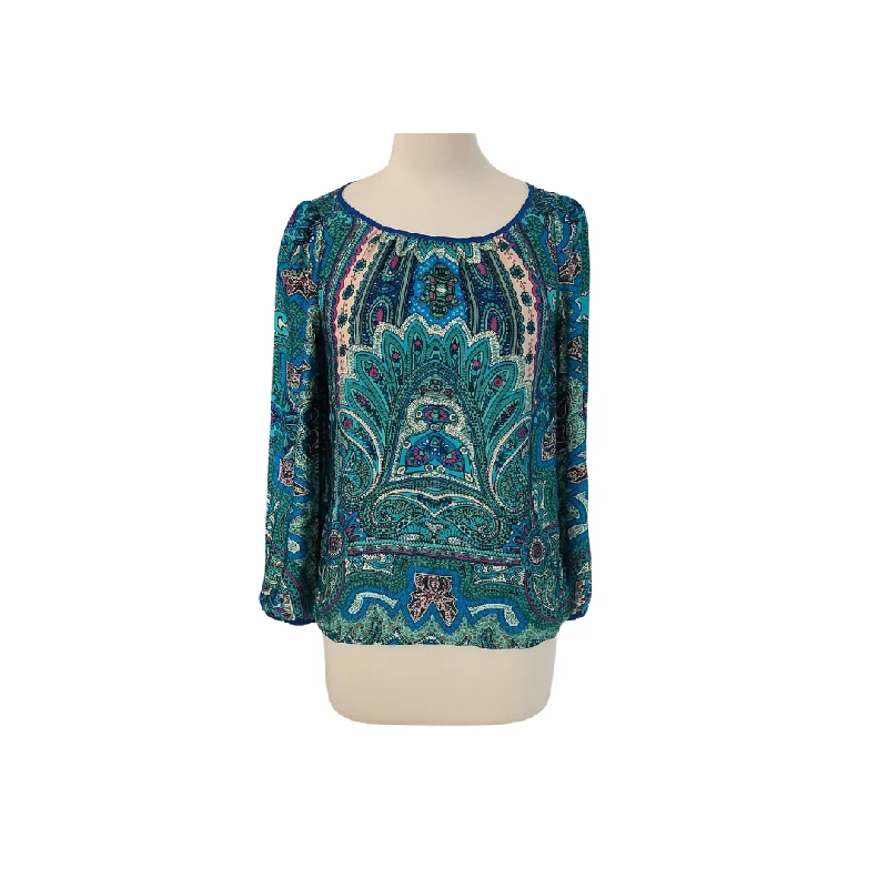 Mango Blue & Green Printed Blouse | Gently Used | Silky Tunic Blouse