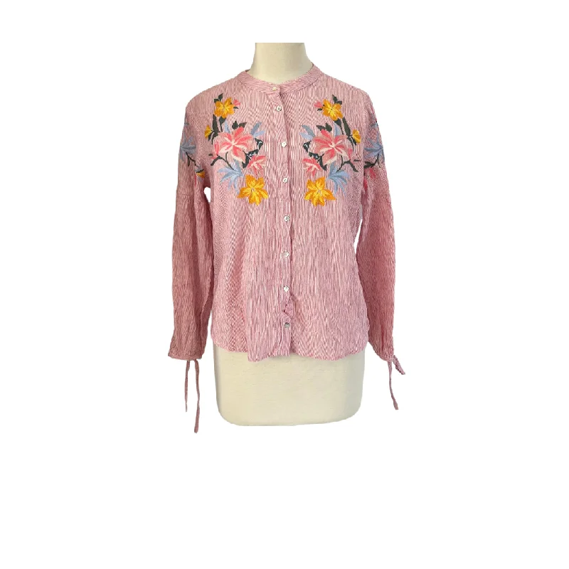 Max Pink & White Striped Floral Embroidered Blouse | Gently Used | Asymmetric Hem Blouse