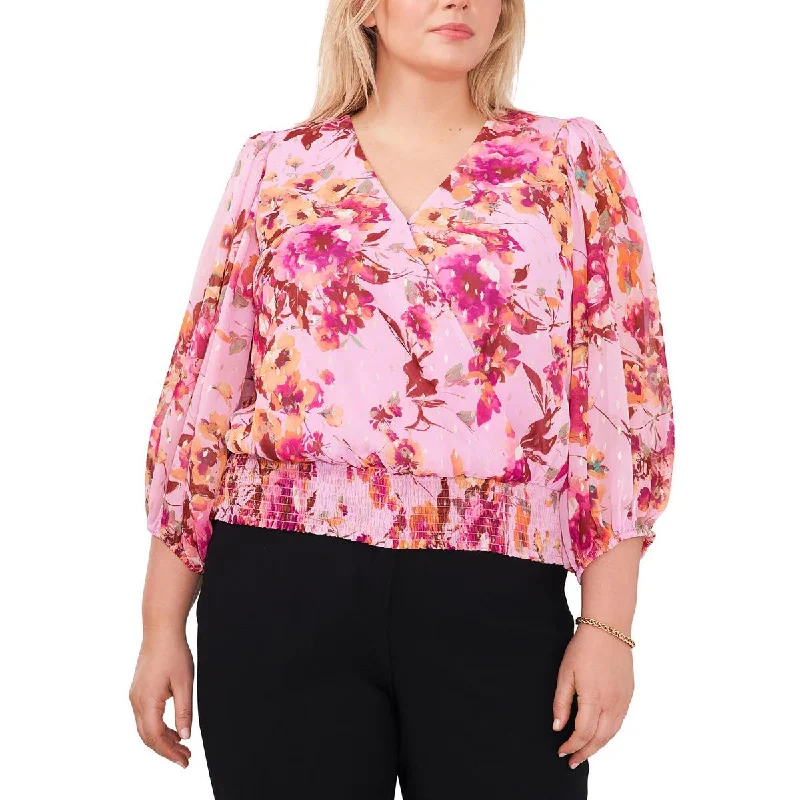 MSK Womens Plus Metallic V-Neck Blouse Romantic Lace Blouse