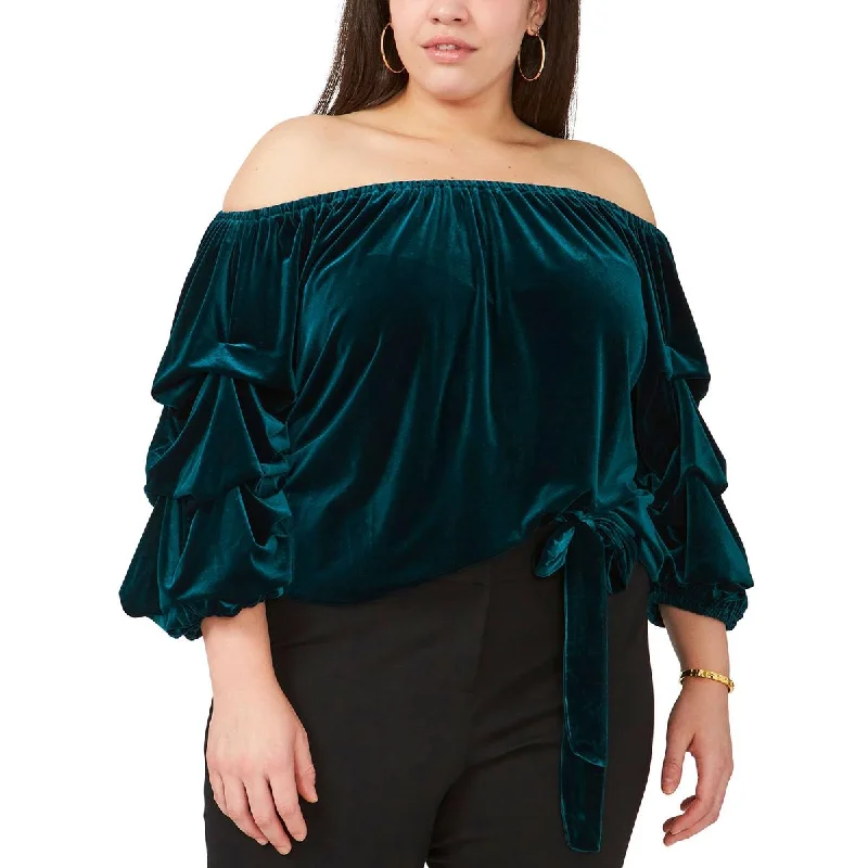 MSK Womens Plus Velvet Off-The-Shoulder Blouse Floral Chiffon Blouse
